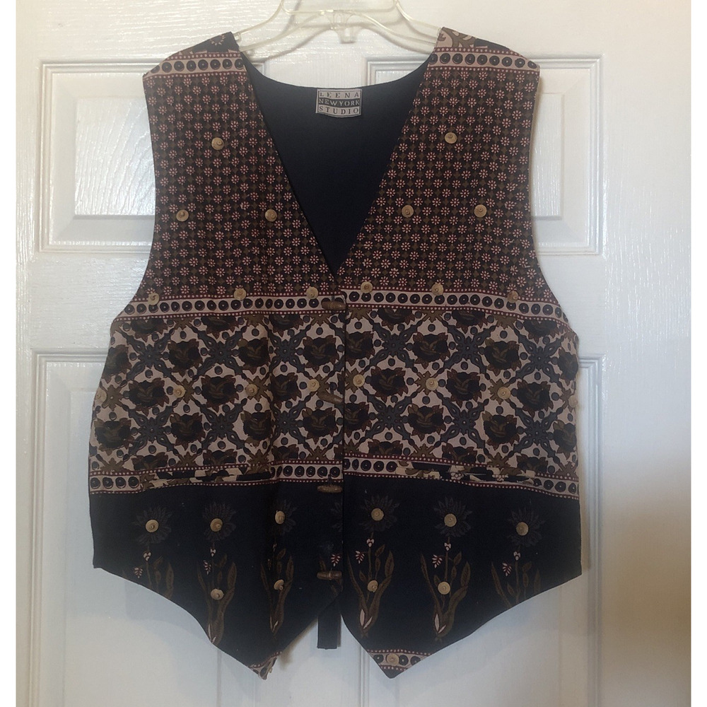 90s Leena Studio Bohemian Hippie Festival Wood Bead Button Vest L